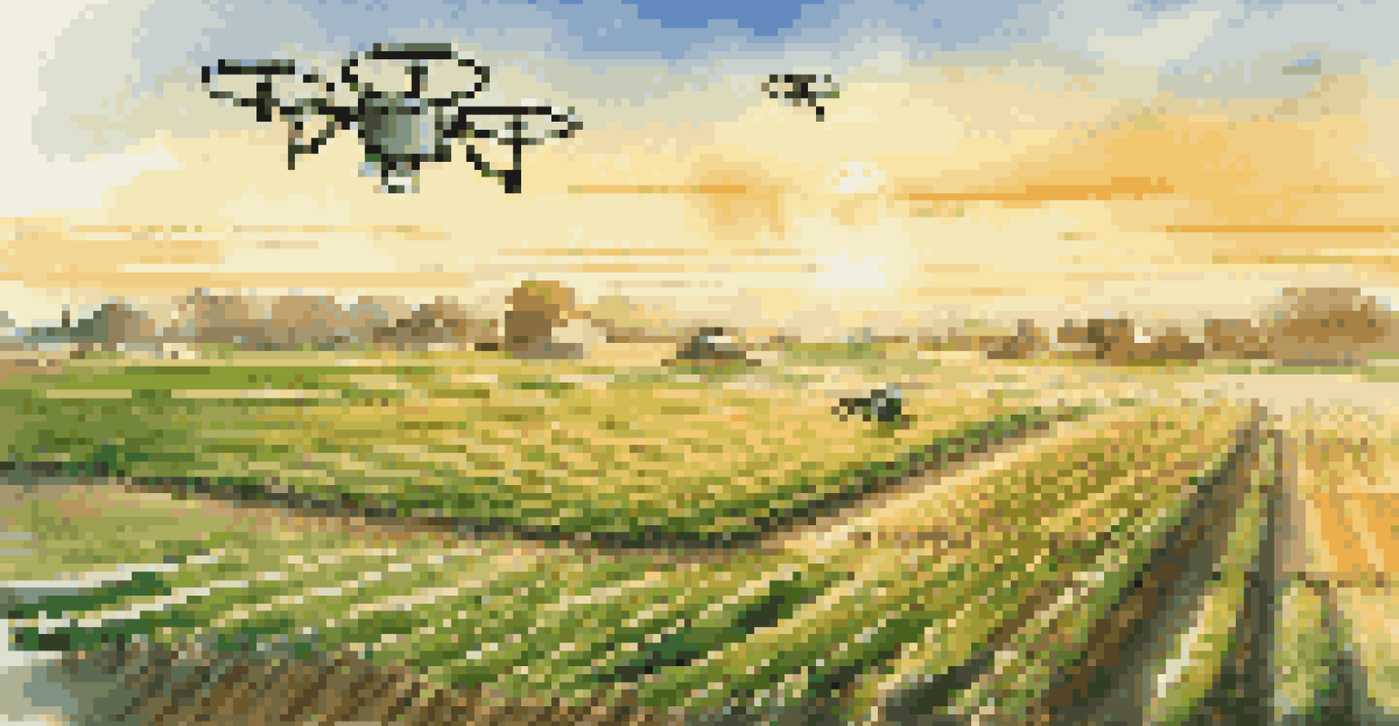 A peaceful agricultural scene with drones monitoring crops and edge computing devices in the fields during sunset.