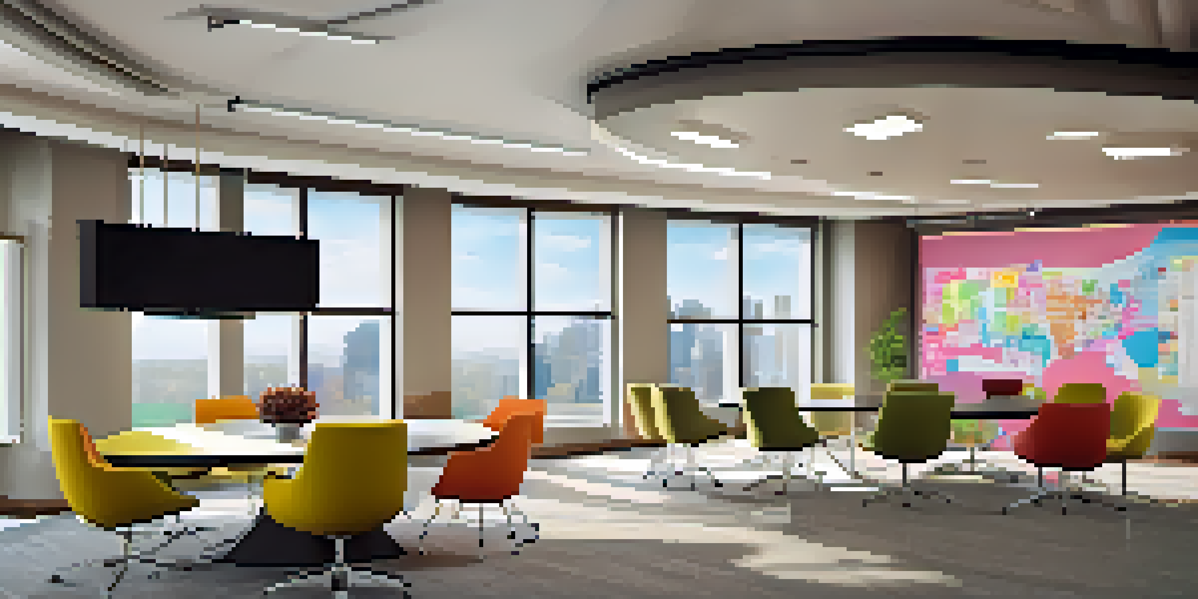 A bright modern office with a round conference table, laptops, and colorful charts on the walls.