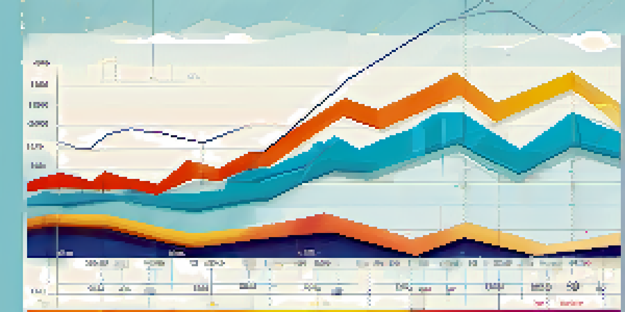 A colorful line graph displaying sales trends over a year with seasonal peaks, set against a light gradient background.