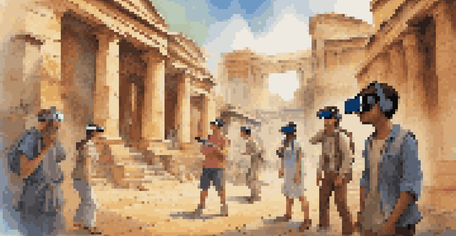 Students wearing VR headsets, exploring a digital recreation of an ancient city in an engaging history lesson.