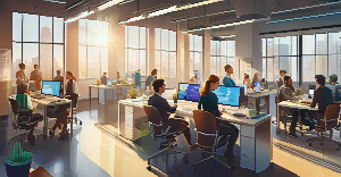 A modern office with diverse professionals collaborating, filled with laptops and sunlight streaming through large windows.