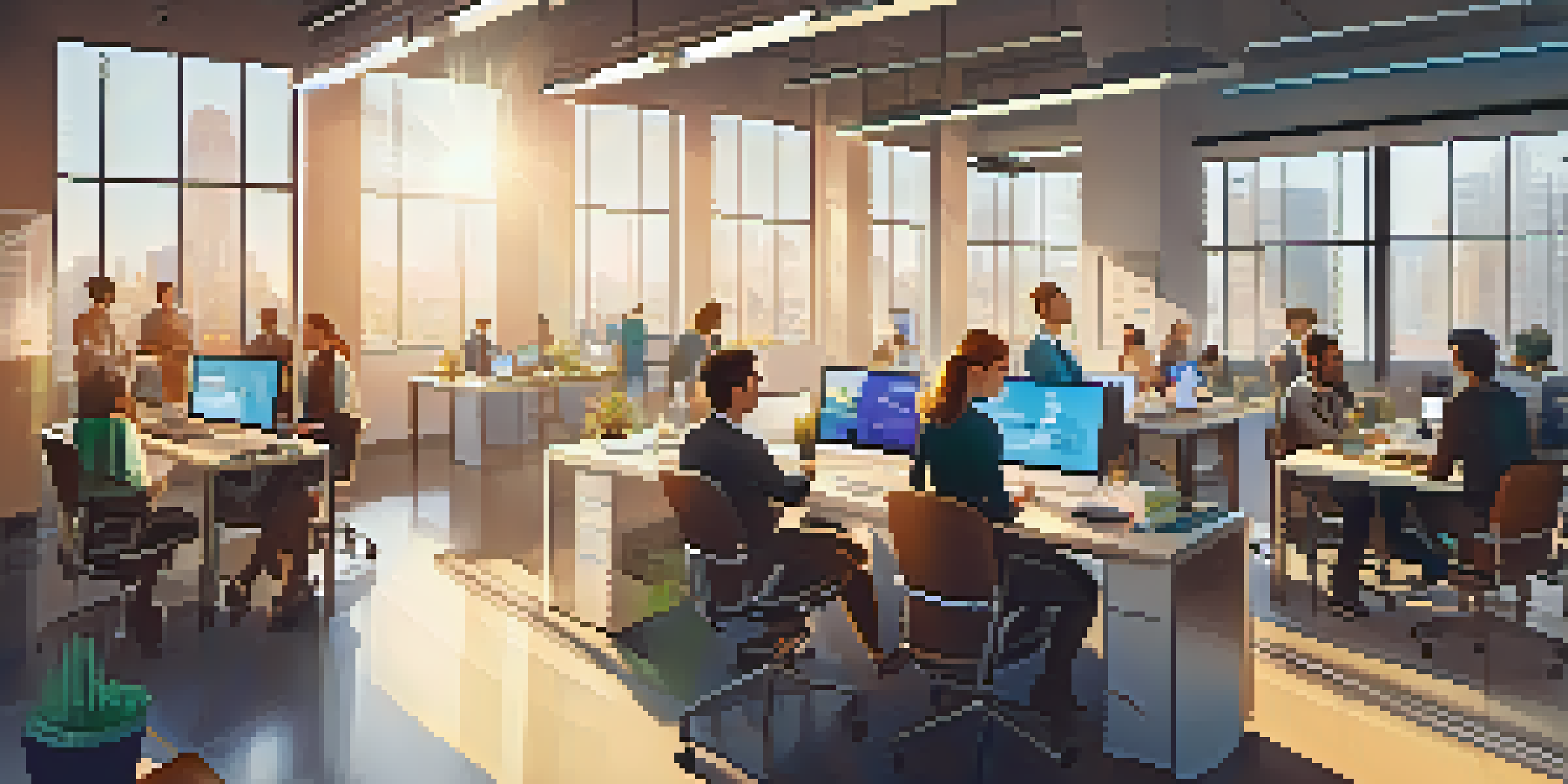 A modern office with diverse professionals collaborating, filled with laptops and sunlight streaming through large windows.