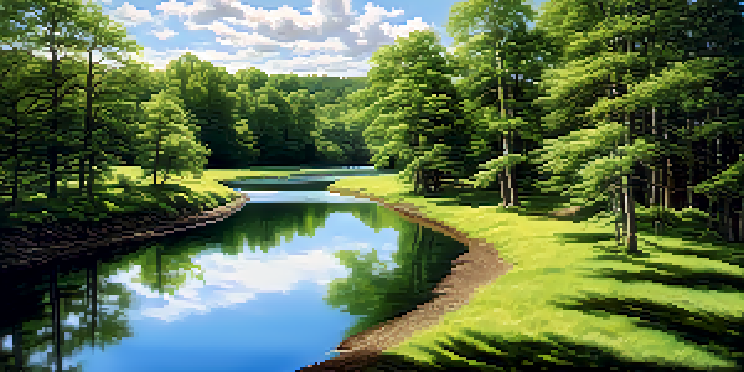 A peaceful river flowing through lush green forests under a bright blue sky with clouds.