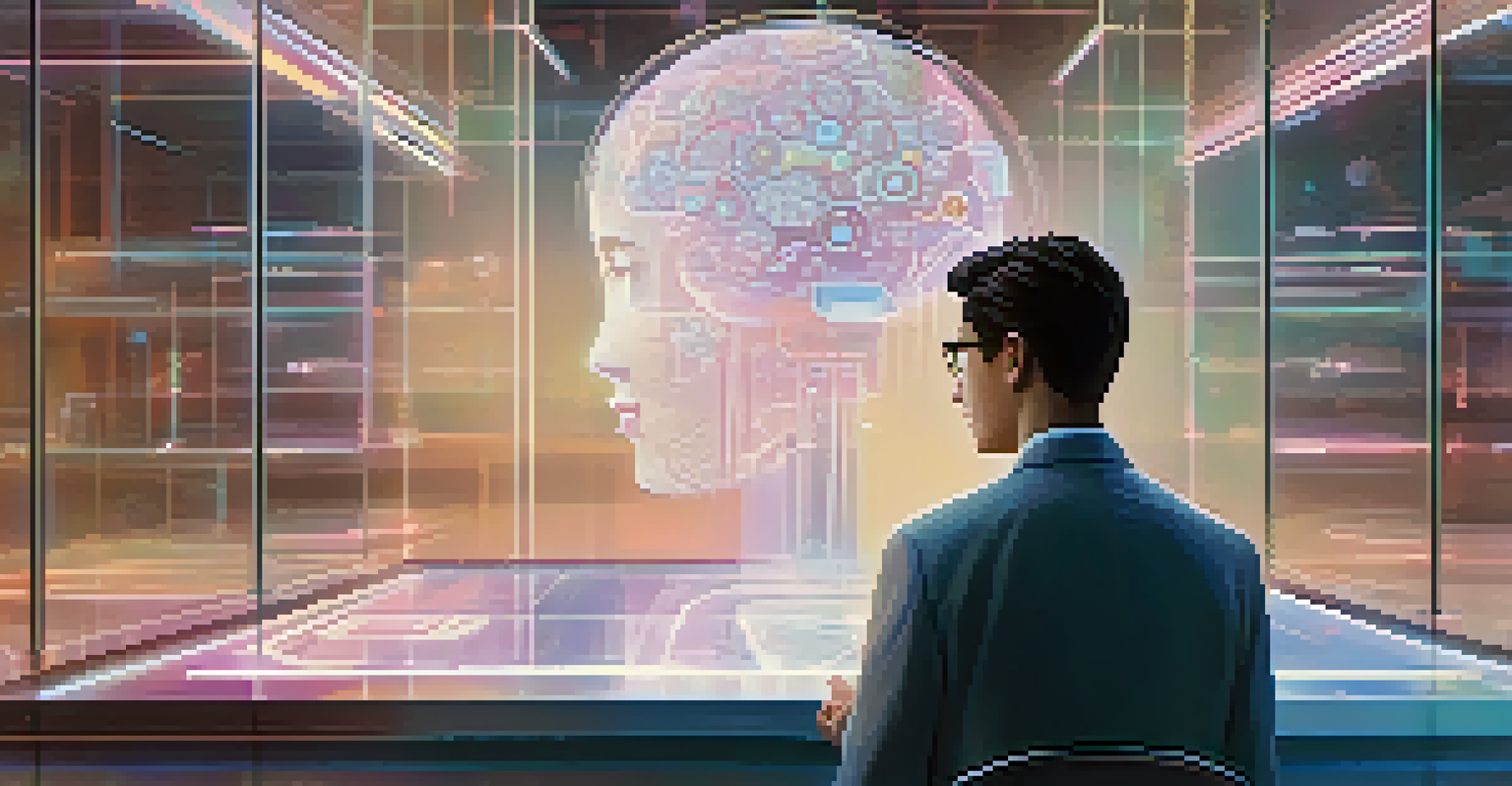 A person contemplating AI ethics while viewing a holographic display of concepts like fairness and accountability.