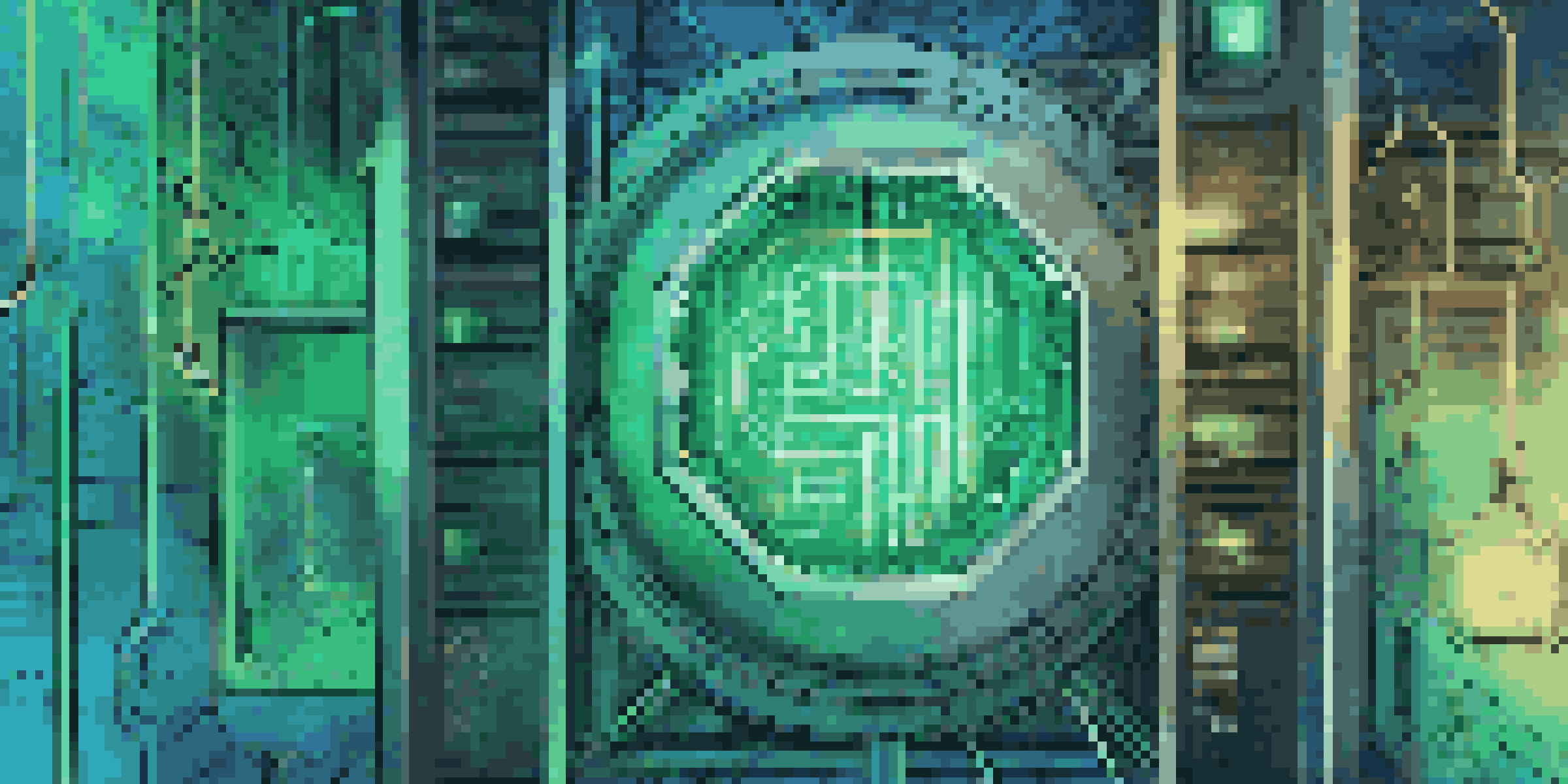 A close-up image of a glowing key in front of a digital vault, with abstract blockchain patterns in blue and green hues in the background.