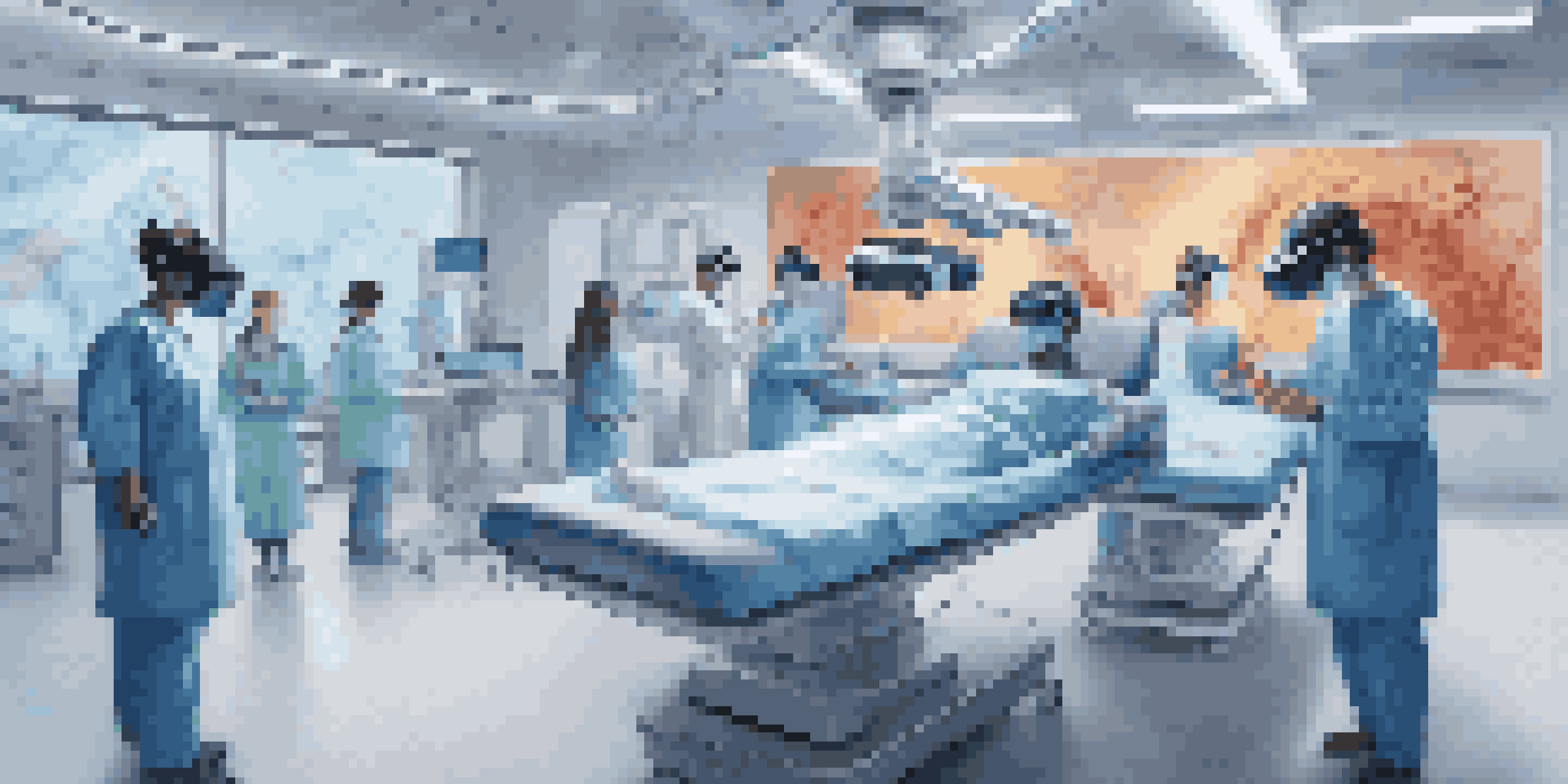 A group of medical students practicing surgery in a virtual reality setting, equipped with VR headsets and surrounded by advanced medical technology.