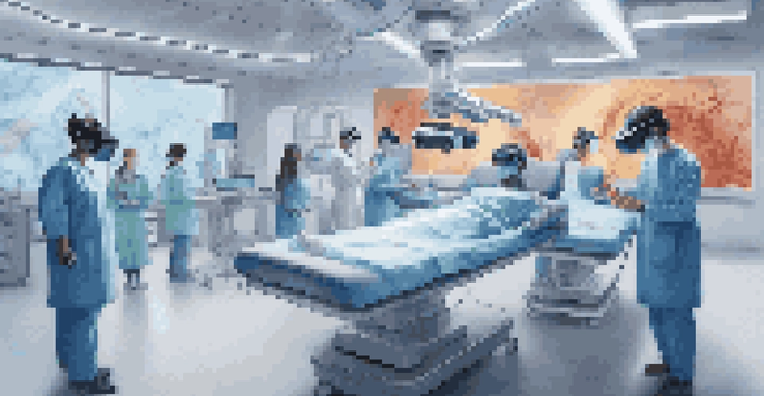 A group of medical students practicing surgery in a virtual reality setting, equipped with VR headsets and surrounded by advanced medical technology.