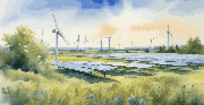 A picturesque view of solar panels in a green field, under a bright blue sky with clouds and a wind turbine in the background.