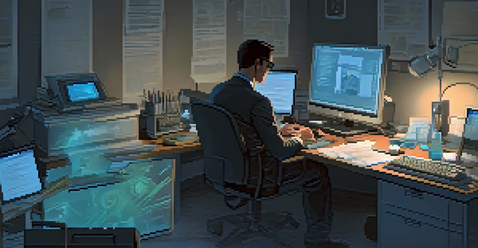 A forensic investigator examining digital evidence on a computer screen in a dimly lit room, surrounded by tools and paperwork.