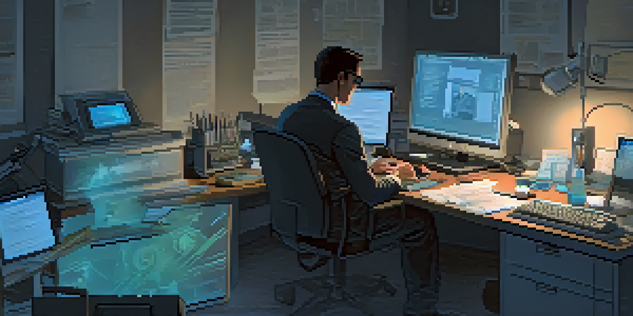 A forensic investigator examining digital evidence on a computer screen in a dimly lit room, surrounded by tools and paperwork.