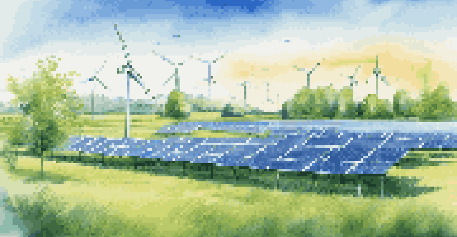 A landscape with solar panels and wind turbines, featuring a digital overlay of energy efficiency data.