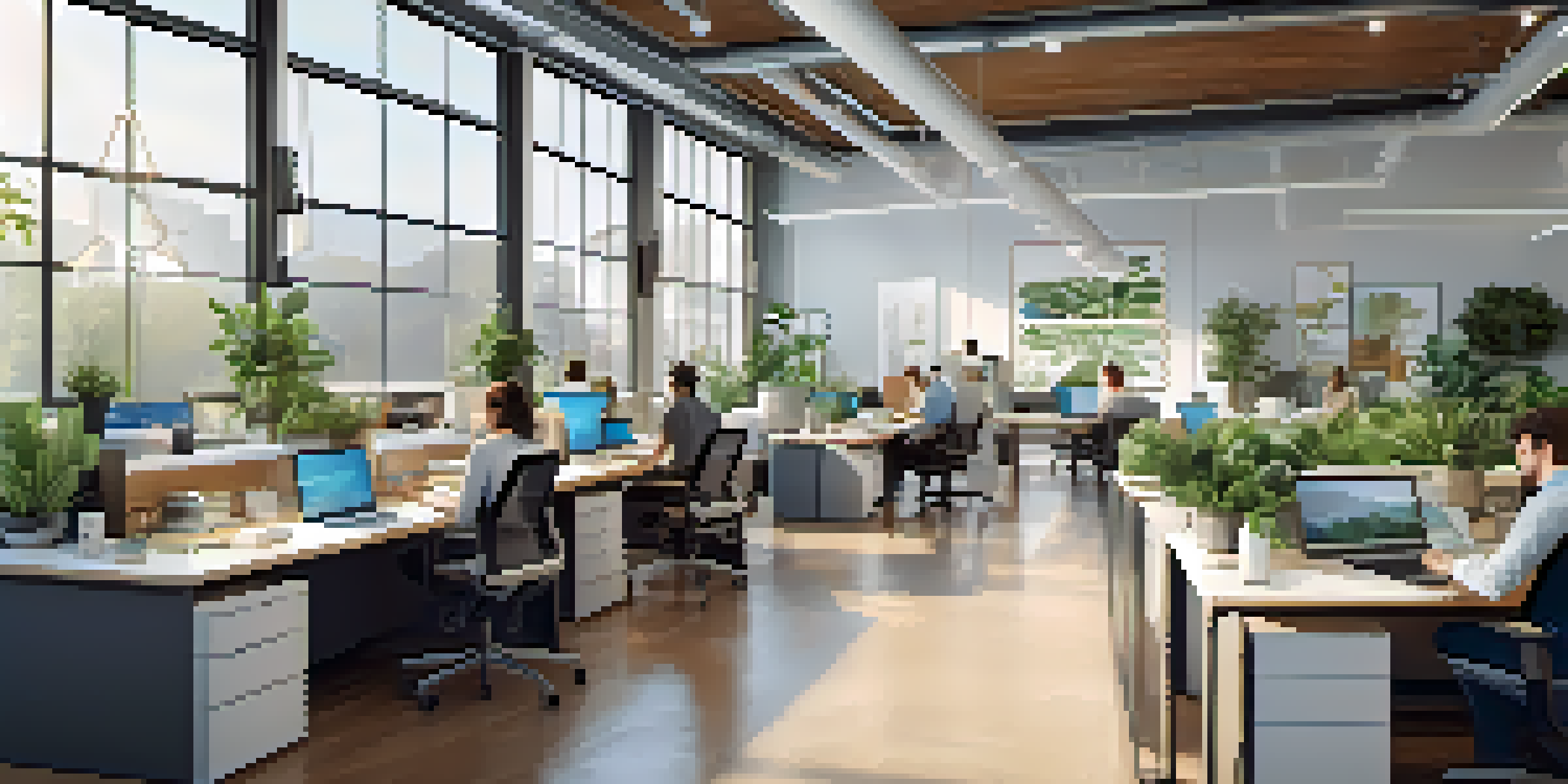 A bright and modern office with diverse teams collaborating on laptops and digital displays, surrounded by plants and natural light.