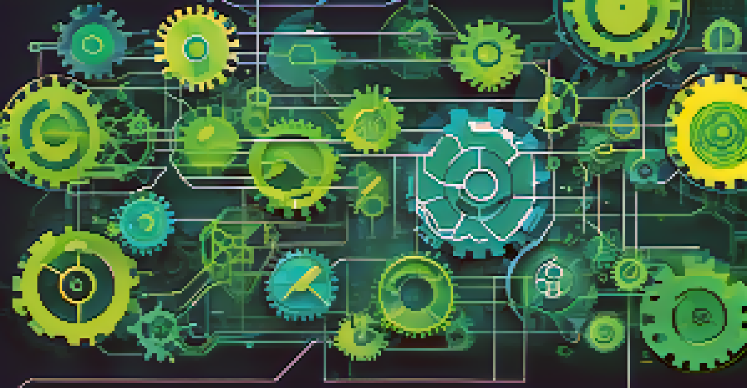 An abstract representation of microservices architecture with interconnected gears and containers.
