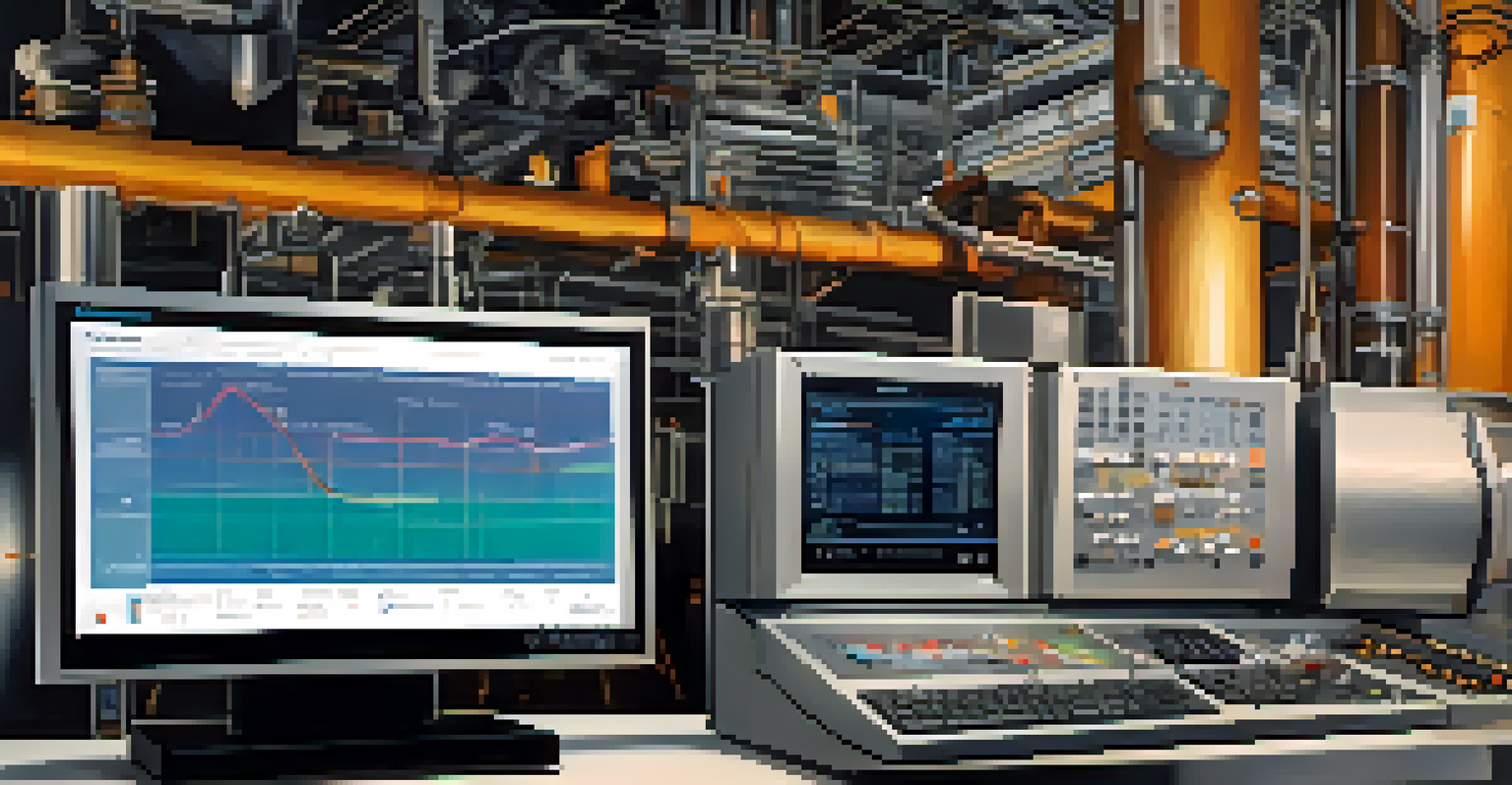 An illustration of a machine with data graphs and sensors around it, indicating predictive maintenance.