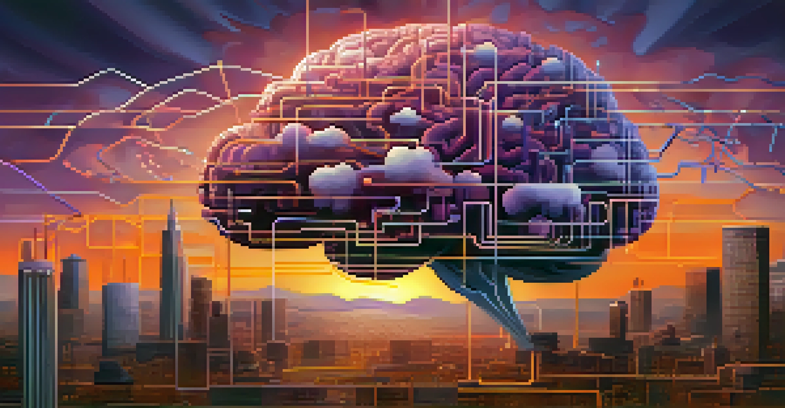 An abstract image depicting the integration of AI and cloud computing, with a digital brain and clouds against a sunset skyline.