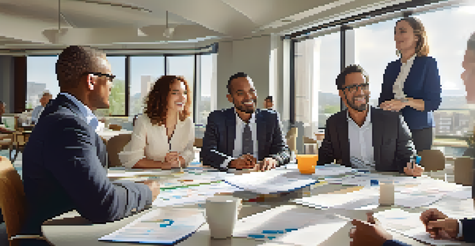 A diverse group of professionals discussing around a round table with charts and documents, illuminated by natural light from large windows.