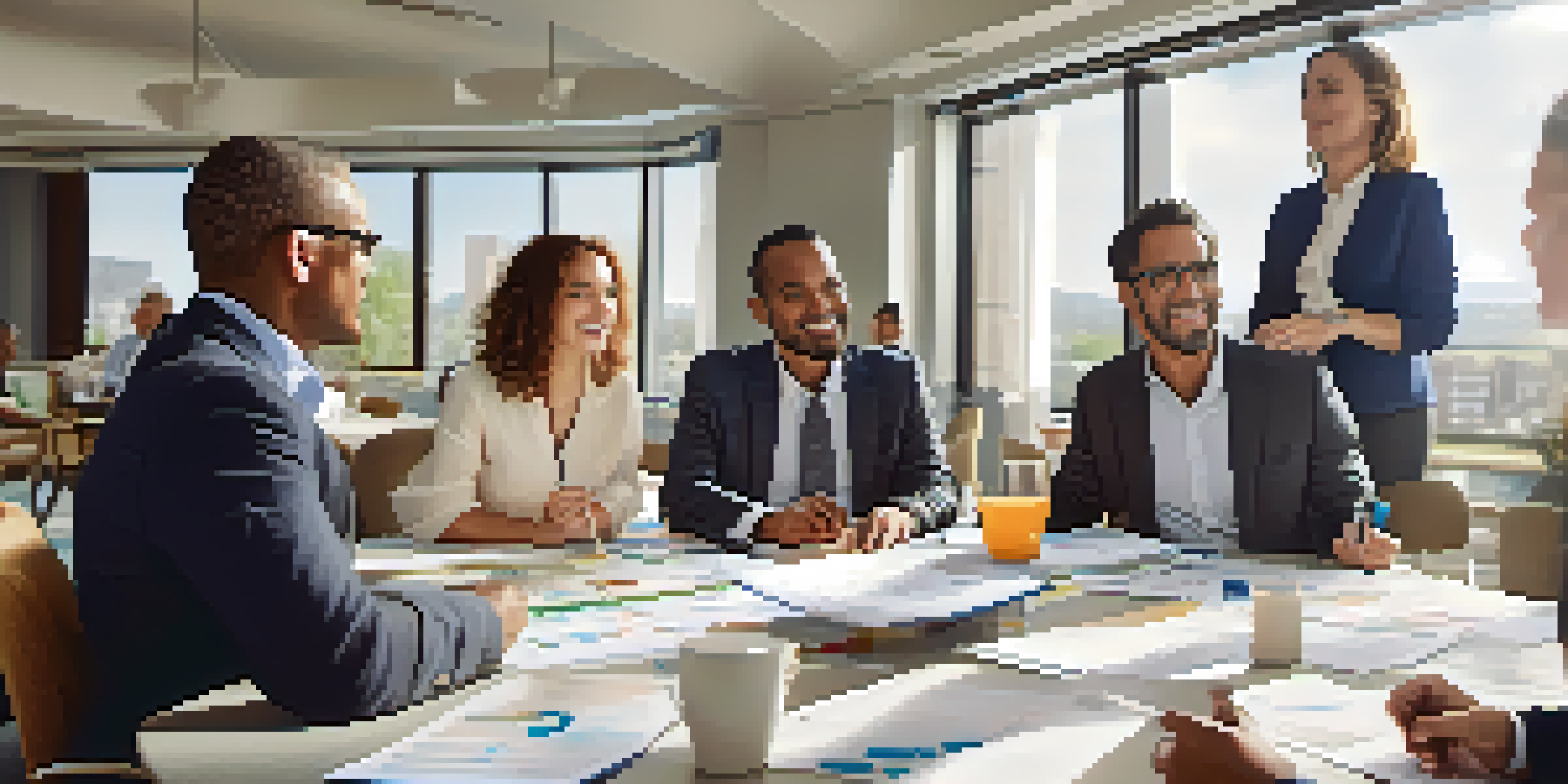 A diverse group of professionals discussing around a round table with charts and documents, illuminated by natural light from large windows.