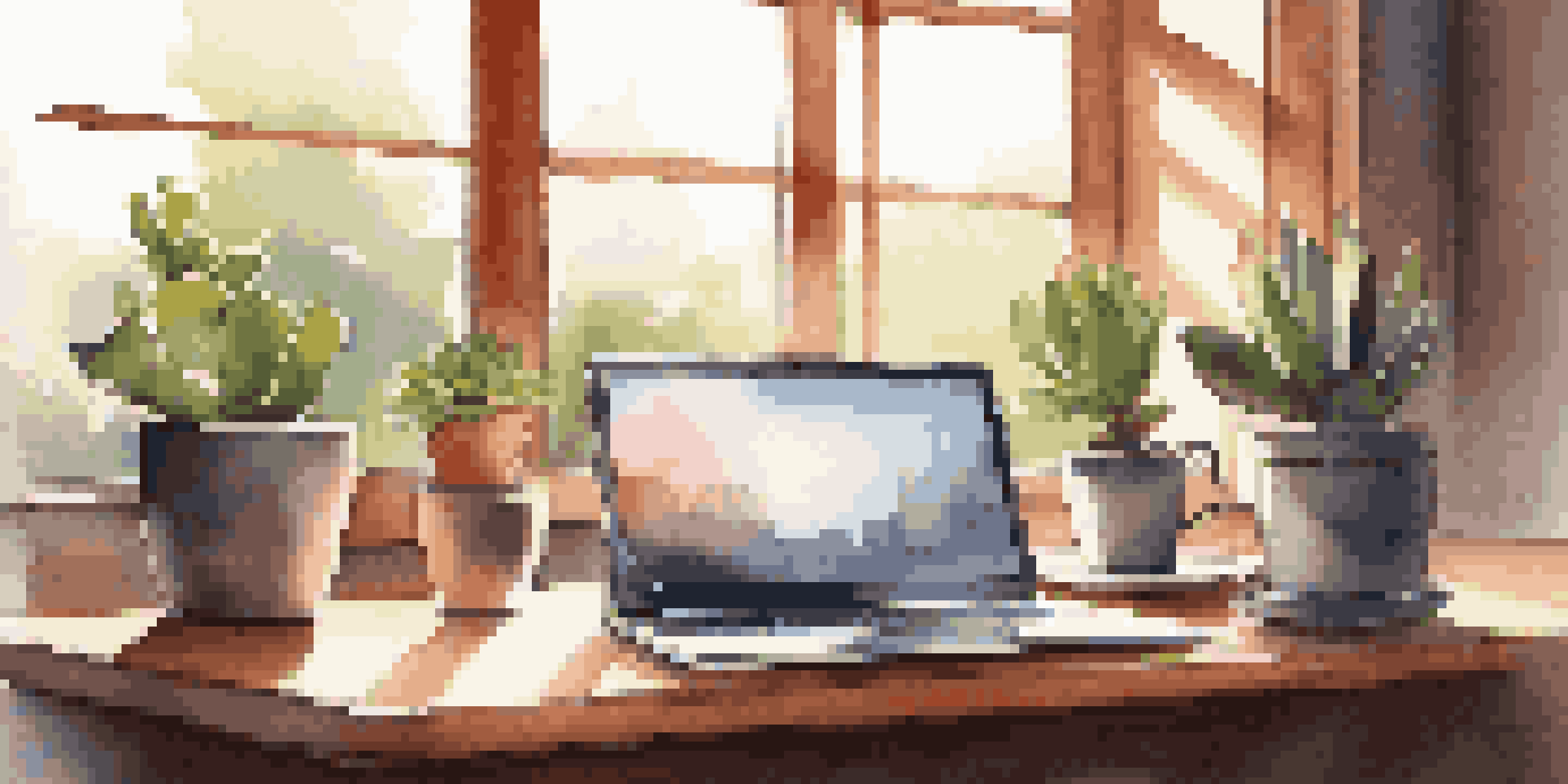 A modern workspace with a laptop, a succulent plant, and a cup of coffee, illuminated by sunlight from a window.