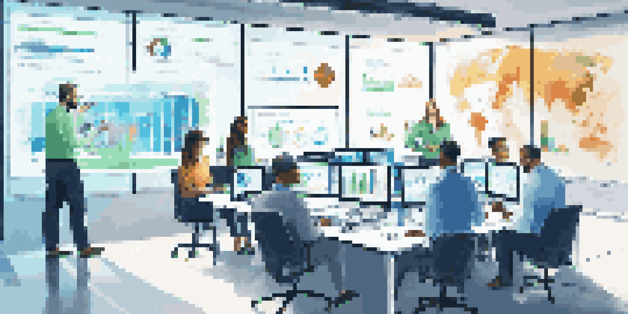 A diverse team of IT professionals in a modern office collaborating over a digital screen with service portfolio management metrics displayed.