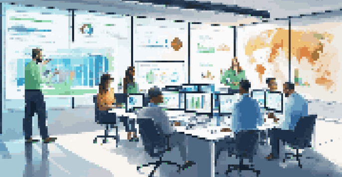 A diverse team of IT professionals in a modern office collaborating over a digital screen with service portfolio management metrics displayed.