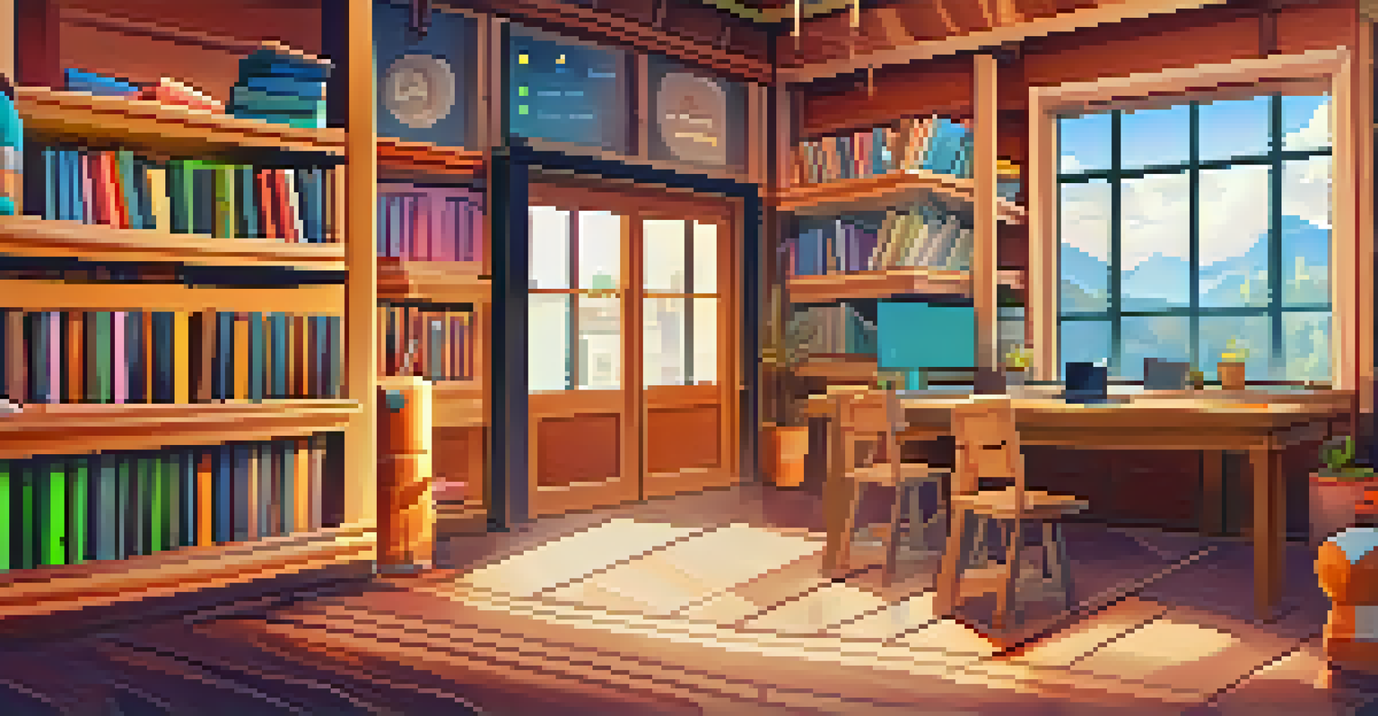 A smartphone displaying a colorful gamified language learning app interface, surrounded by a cozy study area with books and a coffee cup.