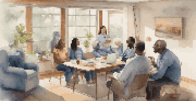 A telemedicine consultation taking place in a cozy home, with patients interacting with healthcare providers on a screen, surrounded by medical devices.