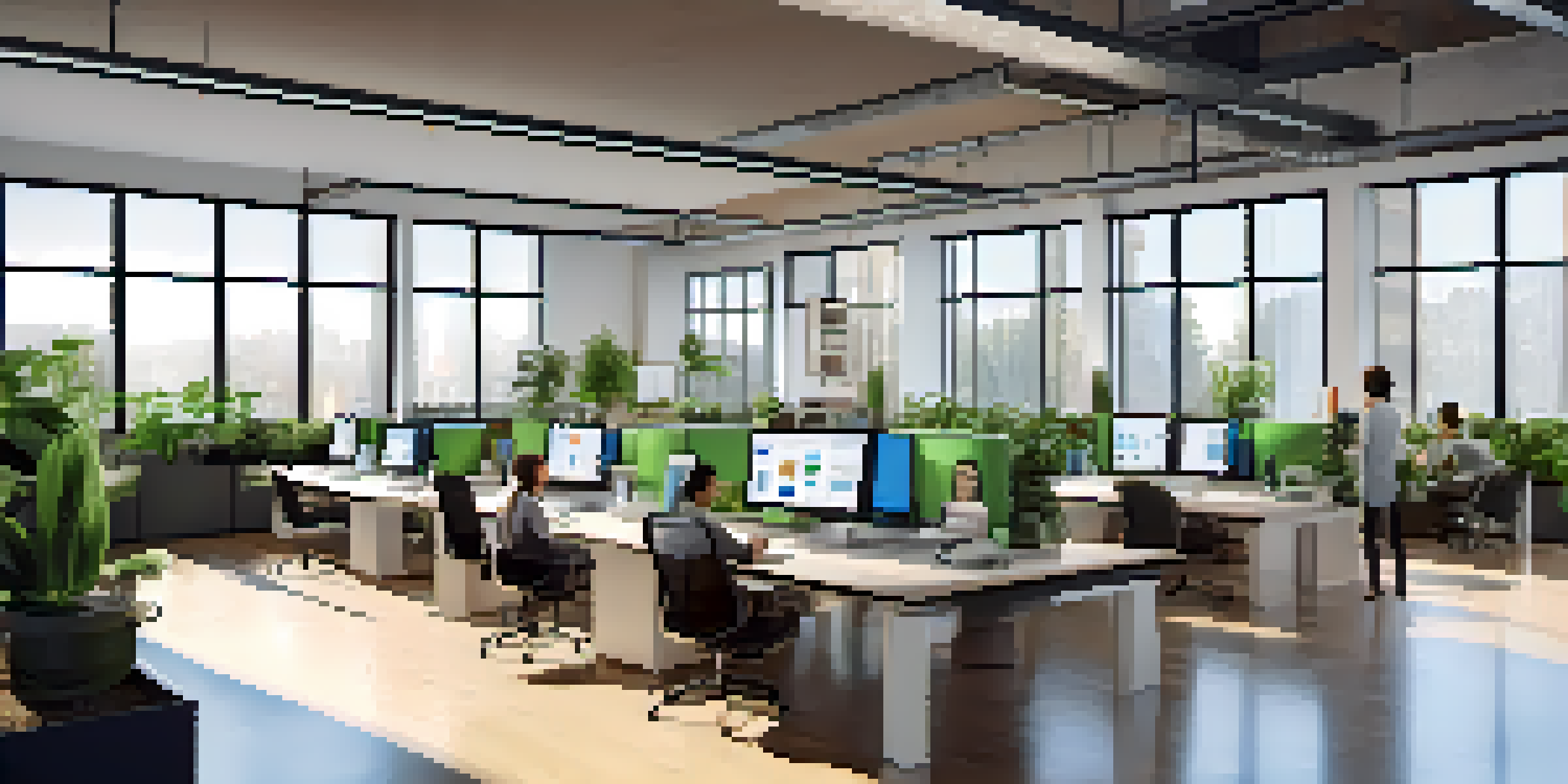 A diverse group of employees collaborating in a bright, modern office with laptops and digital screens.