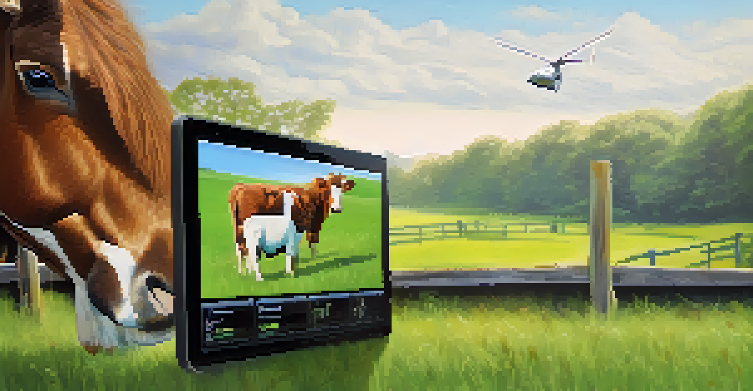 A close-up of a wearable device on a grazing animal, displaying health metrics in a sunny pasture.