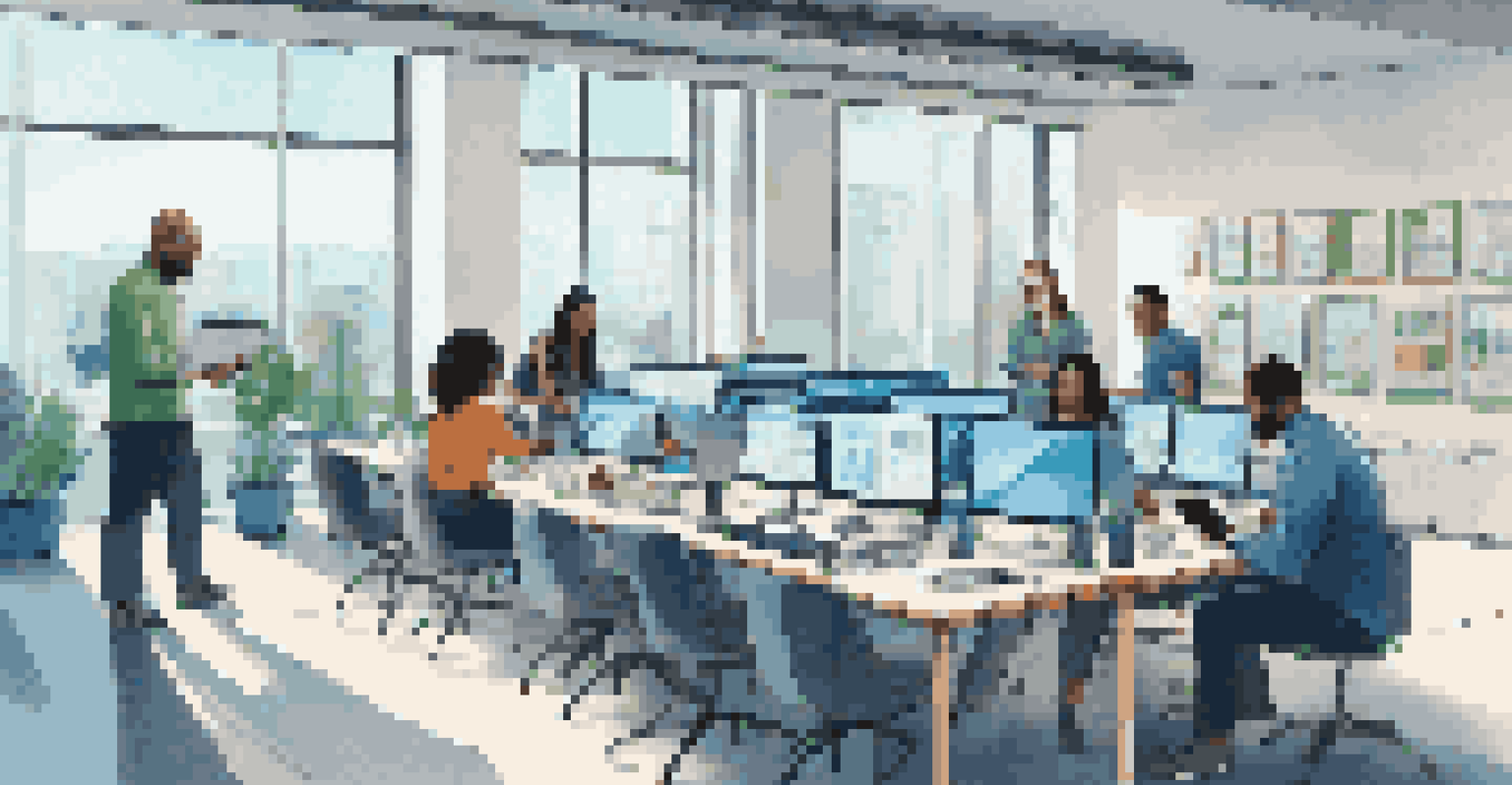 A diverse team collaborating around a table with laptops and tablets, reviewing digital assets in a bright, contemporary setting.