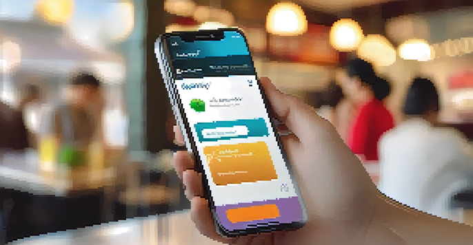 A close-up of a smartphone showing a digital payment app in a café setting.
