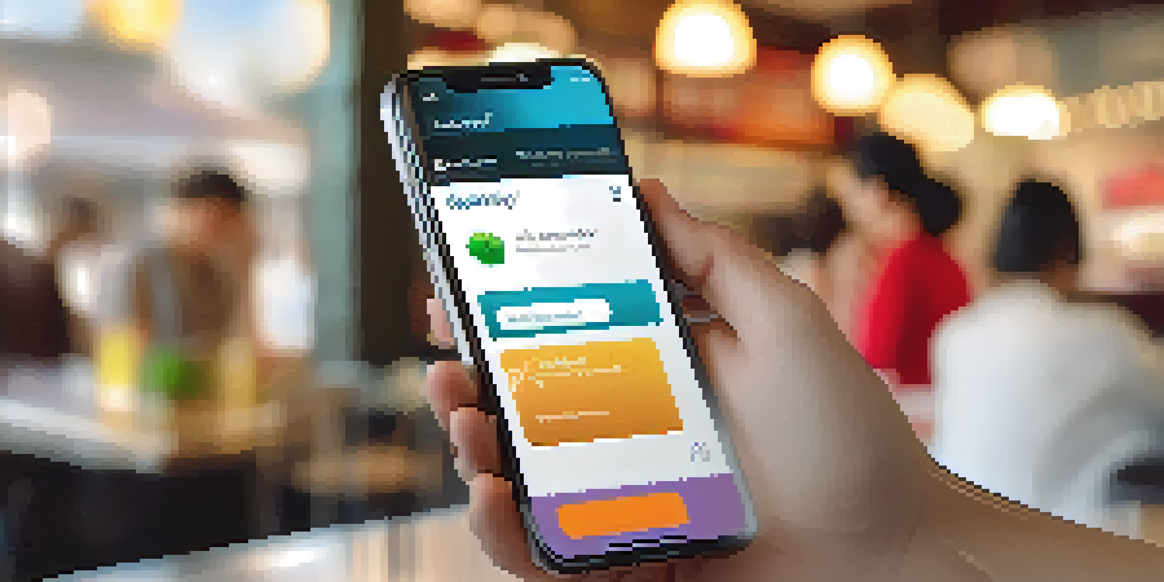 A close-up of a smartphone showing a digital payment app in a café setting.
