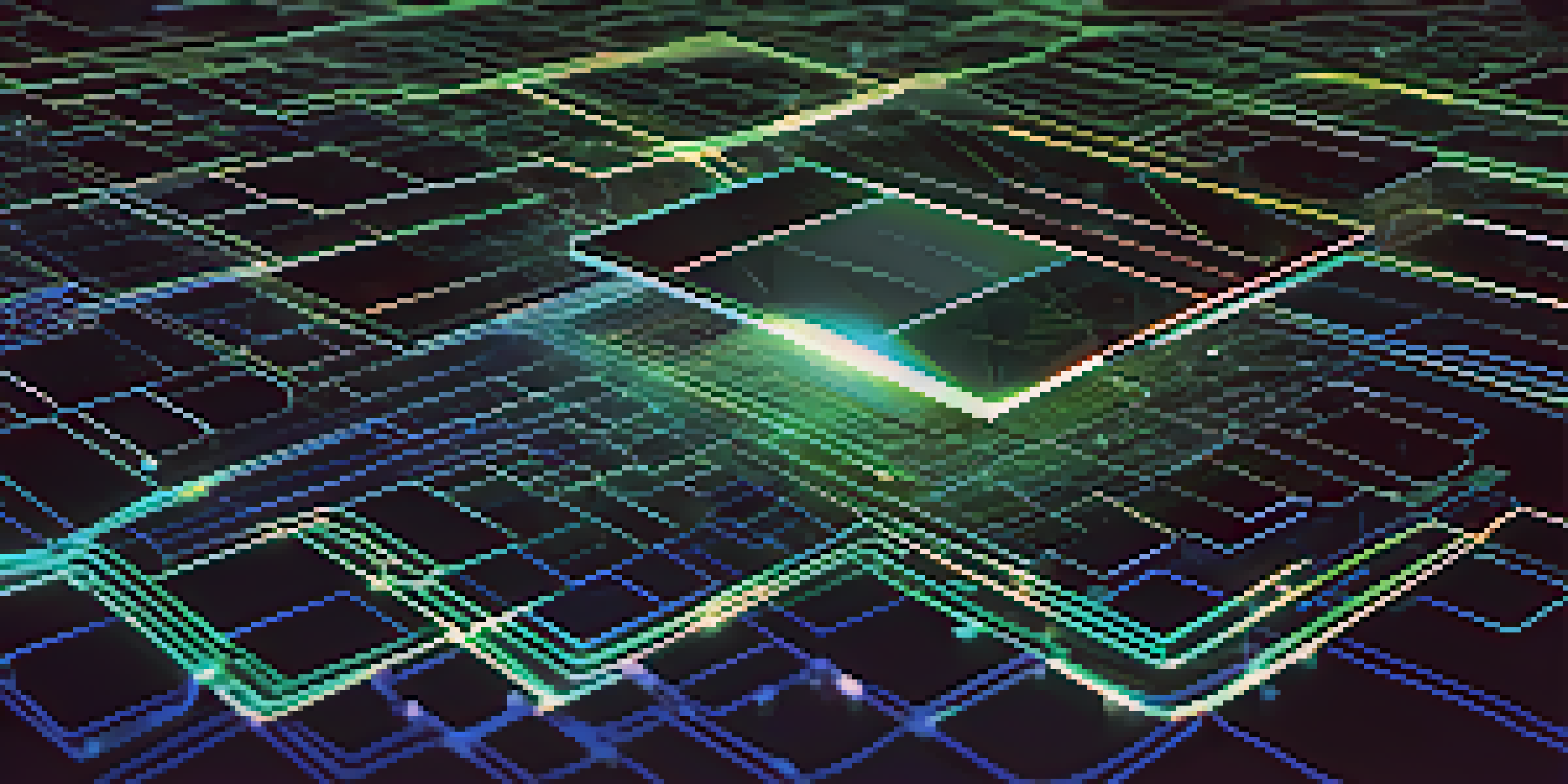 A close-up representation of blockchain technology with interconnected blocks and glowing lines against a dark background.
