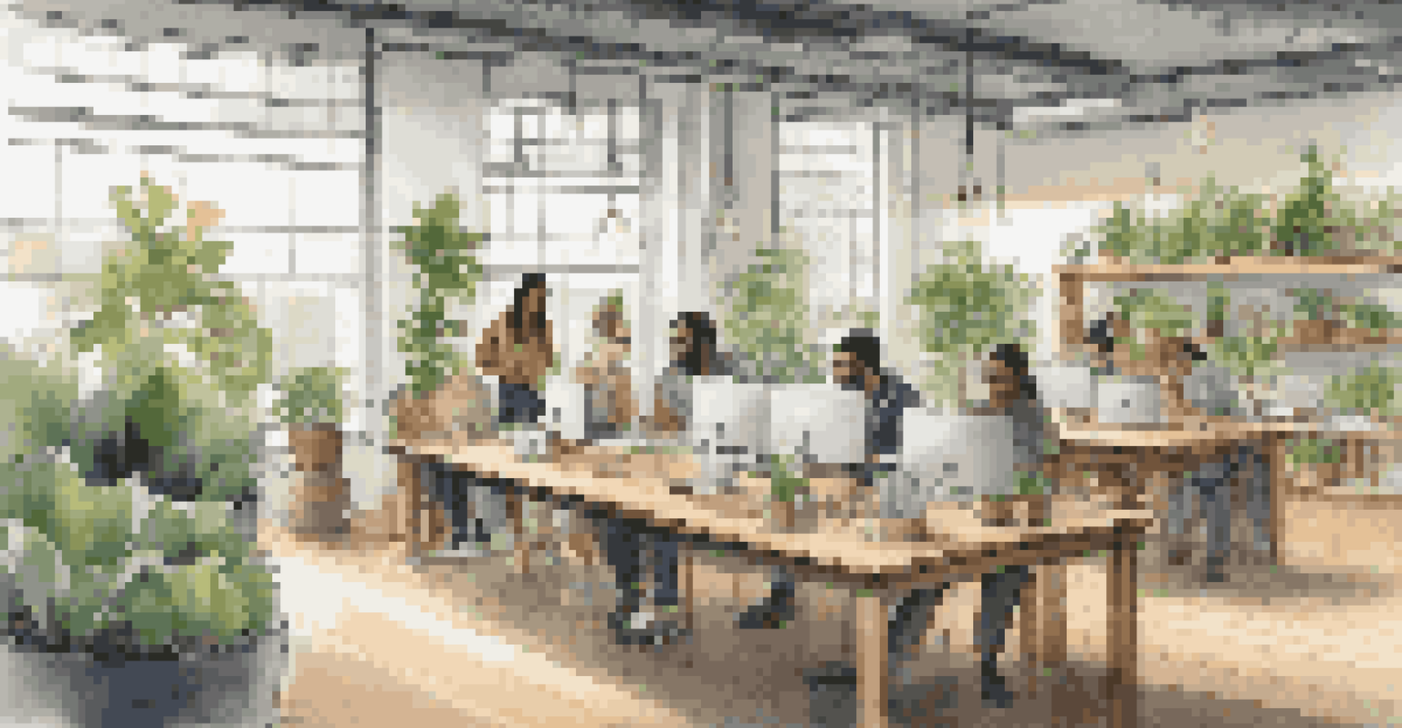 A modern office interior designed with sustainability in mind, featuring plants, natural light, and a diverse team collaborating at a table.