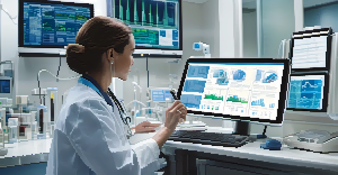 A doctor monitoring patient data on a tablet in a hospital room, surrounded by medical equipment and displaying real-time vital signs.