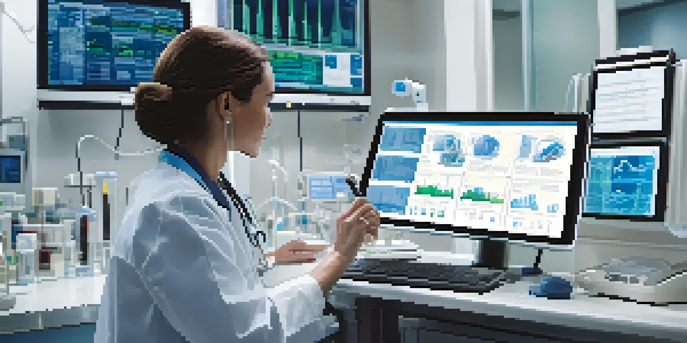 A doctor monitoring patient data on a tablet in a hospital room, surrounded by medical equipment and displaying real-time vital signs.