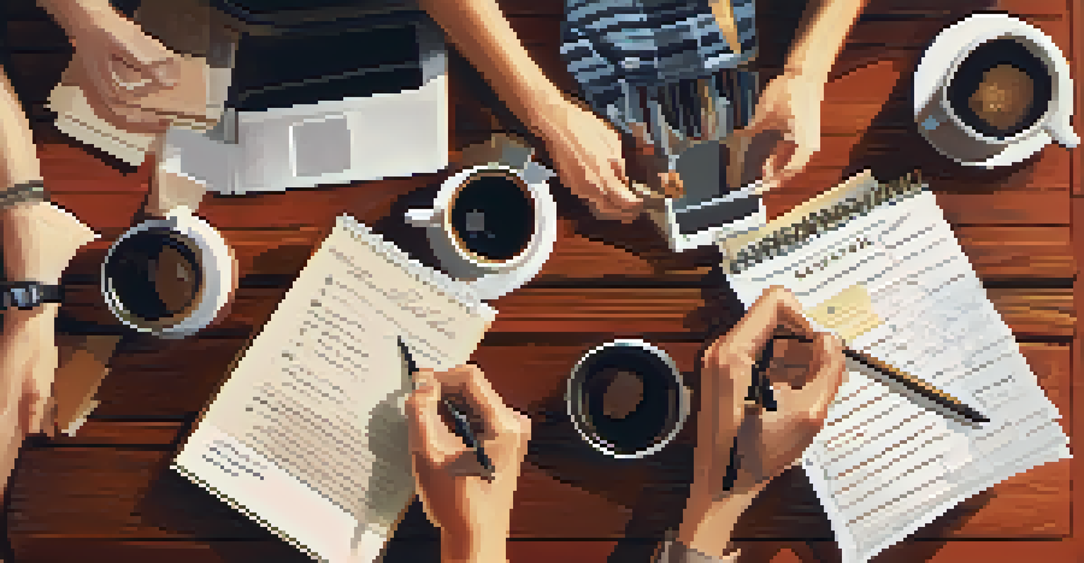 Close-up of hands holding feedback notes with coffee cups and a laptop on a wooden table, depicting collaboration.