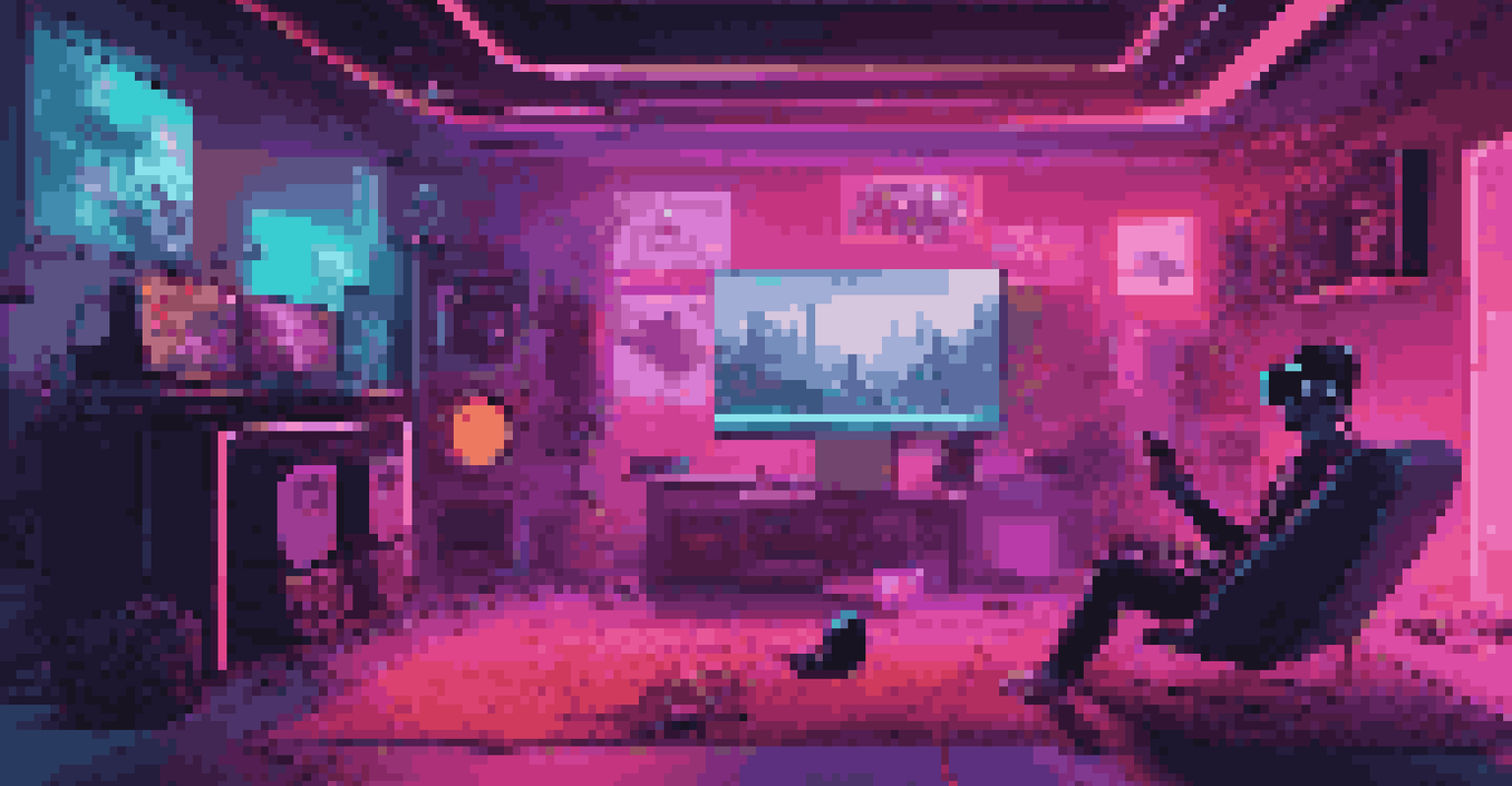 A player wearing a VR headset in a cozy room, surrounded by gaming accessories and a vibrant screen showing in-game graphics.