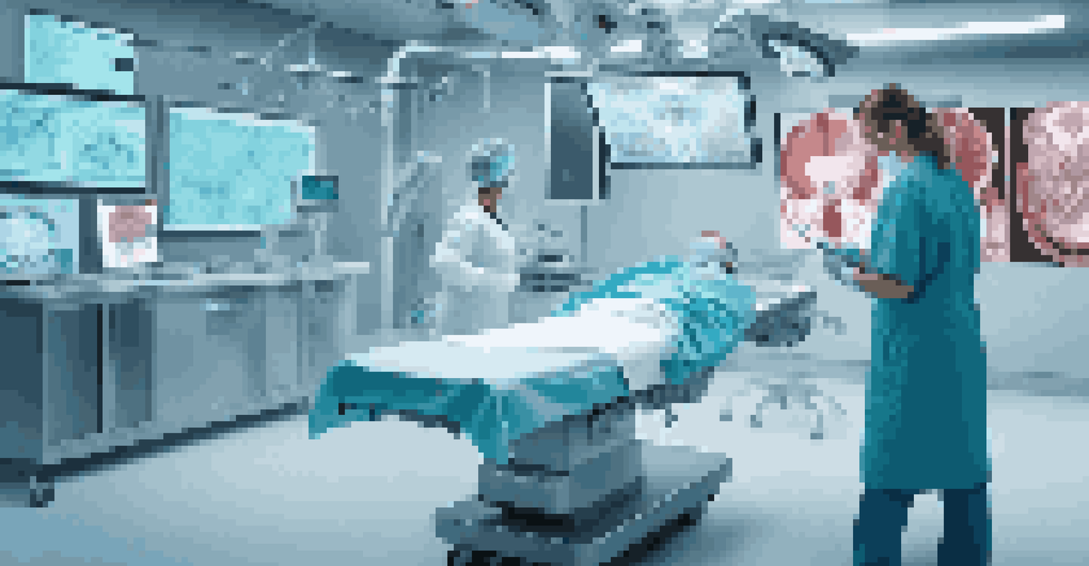 A healthcare professional in a simulated operating room using augmented reality for surgical training with digital data overlays.