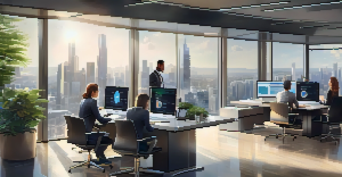 A diverse group of professionals working together in a modern office, discussing a digital identity management dashboard with a cityscape view outside.