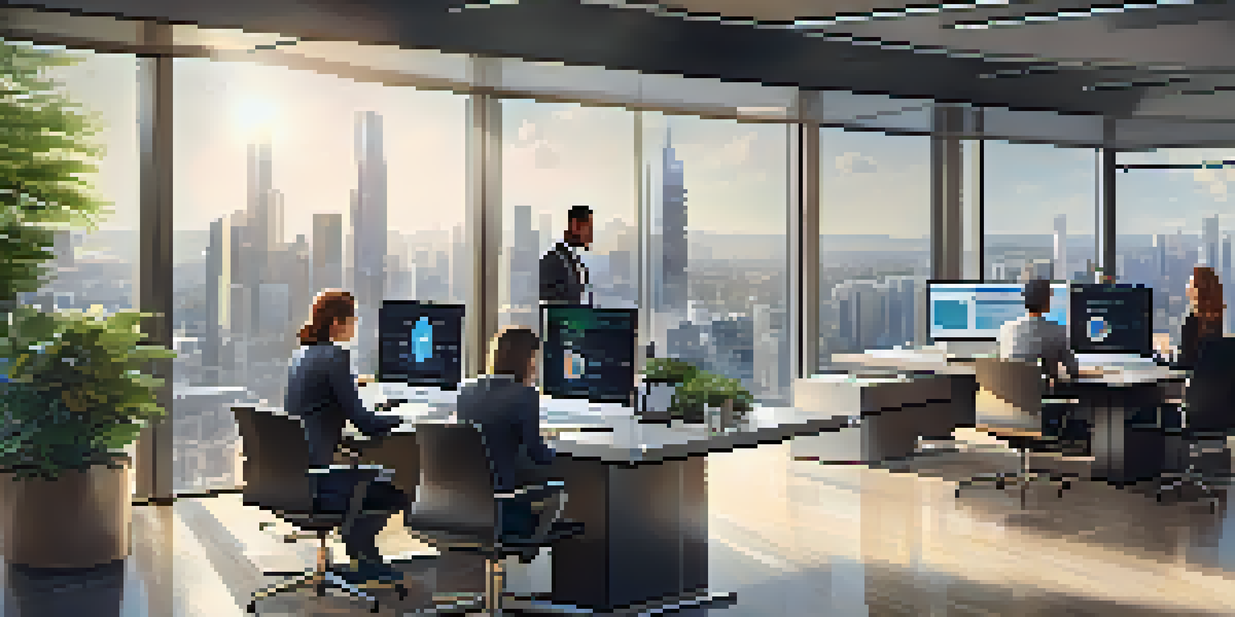 A diverse group of professionals working together in a modern office, discussing a digital identity management dashboard with a cityscape view outside.