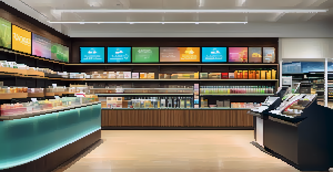 Interior of a modern retail store with a checkout counter and happy customers using various payment methods.
