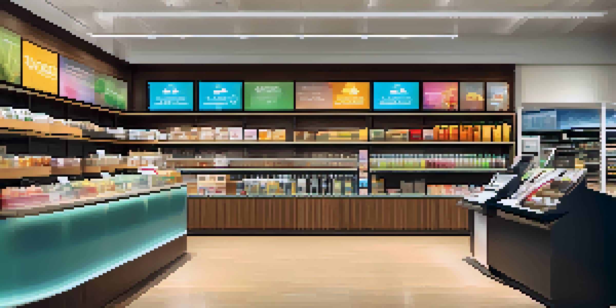 Interior of a modern retail store with a checkout counter and happy customers using various payment methods.