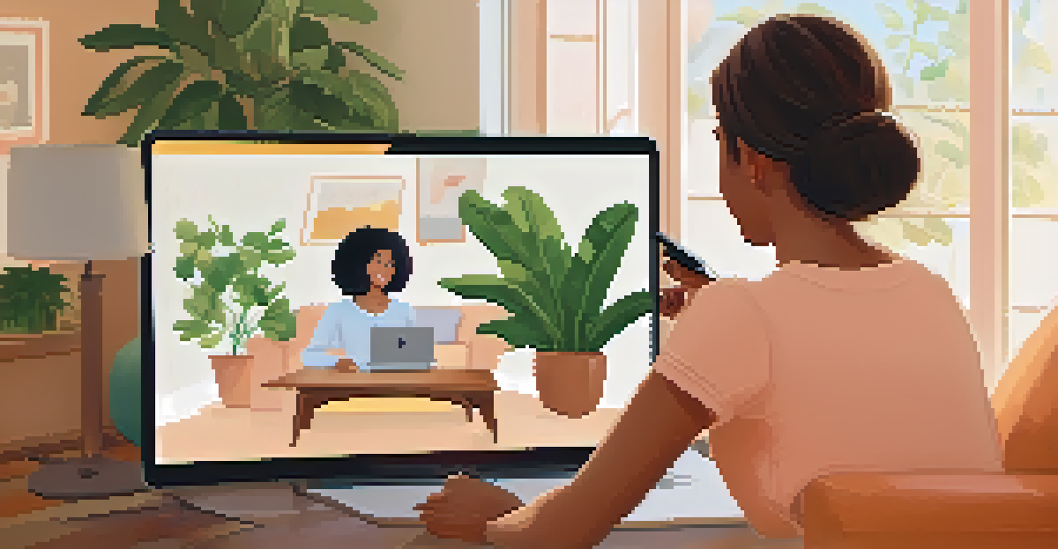 A close-up of a customer interacting with a chatbot on a smartphone in a cozy living room.