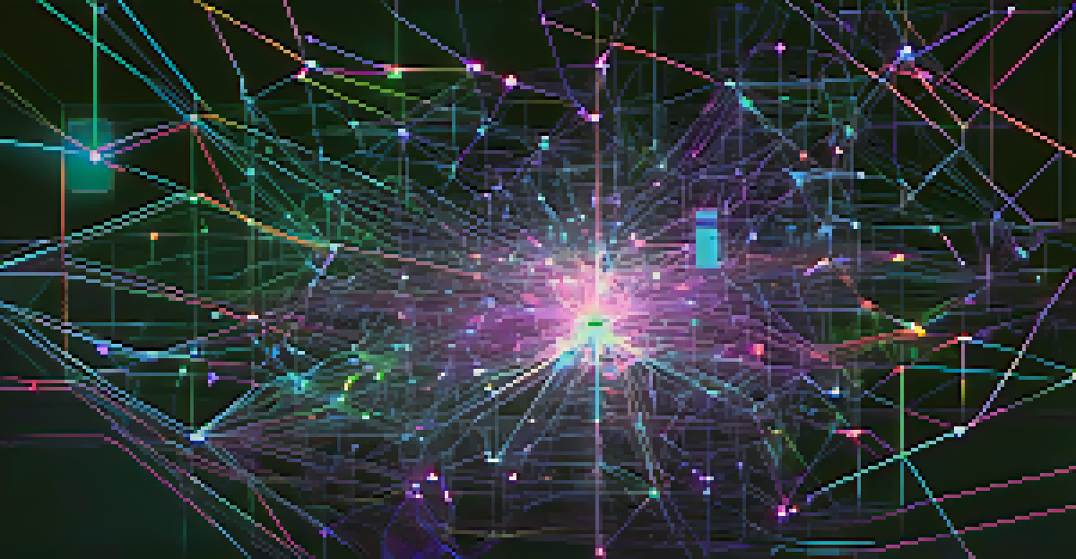 An abstract visualization of AI with glowing lines and nodes in a dark background.