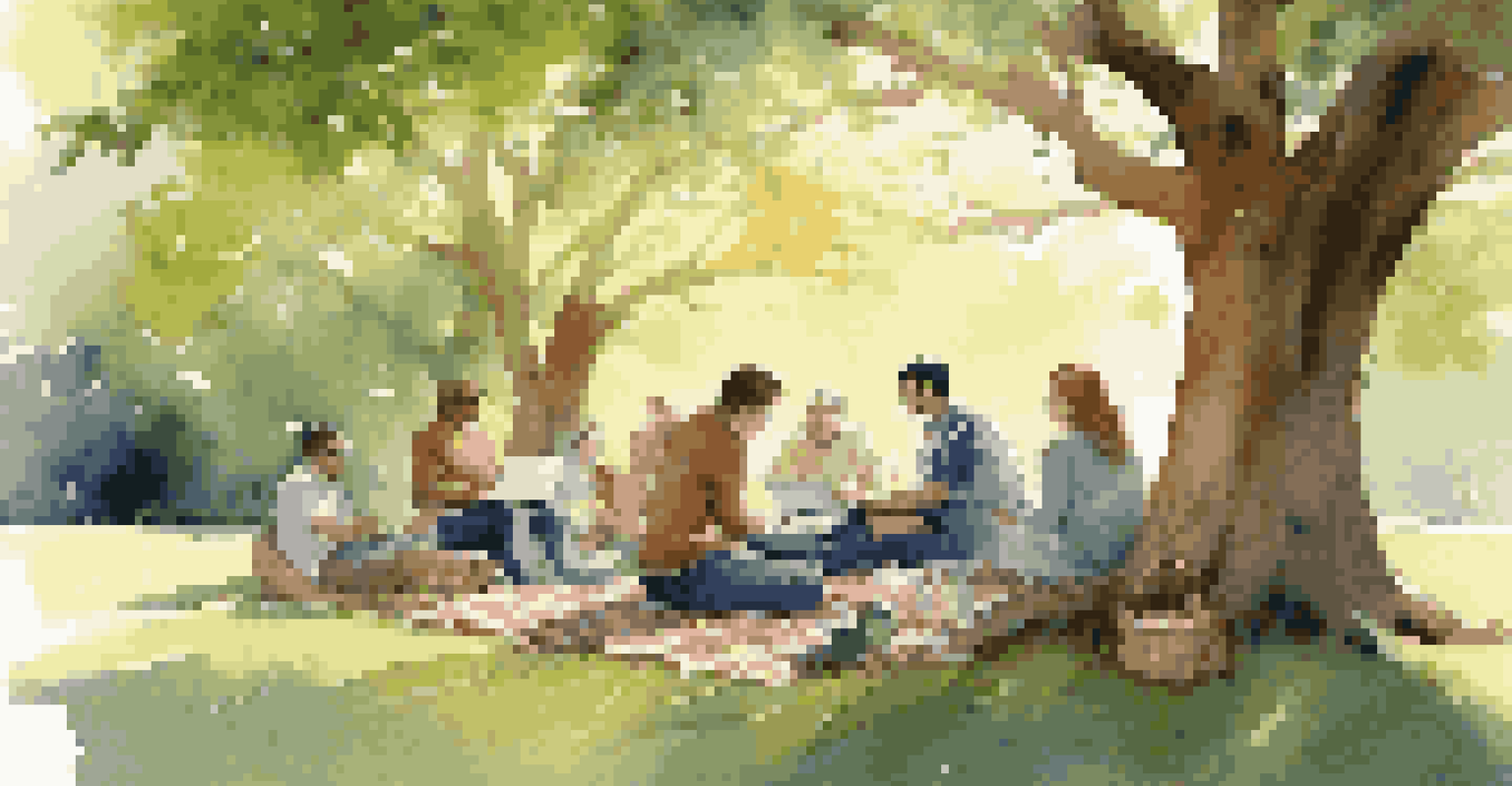 A group of contributors sitting on picnic blankets under a tree, brainstorming and collaborating with laptops in a peaceful outdoor setting.