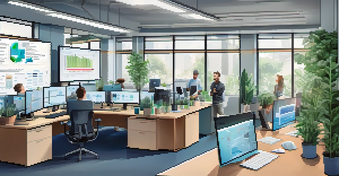 A bright and modern office space with a team of software engineers working together, surrounded by technology and performance metrics displayed on a screen.