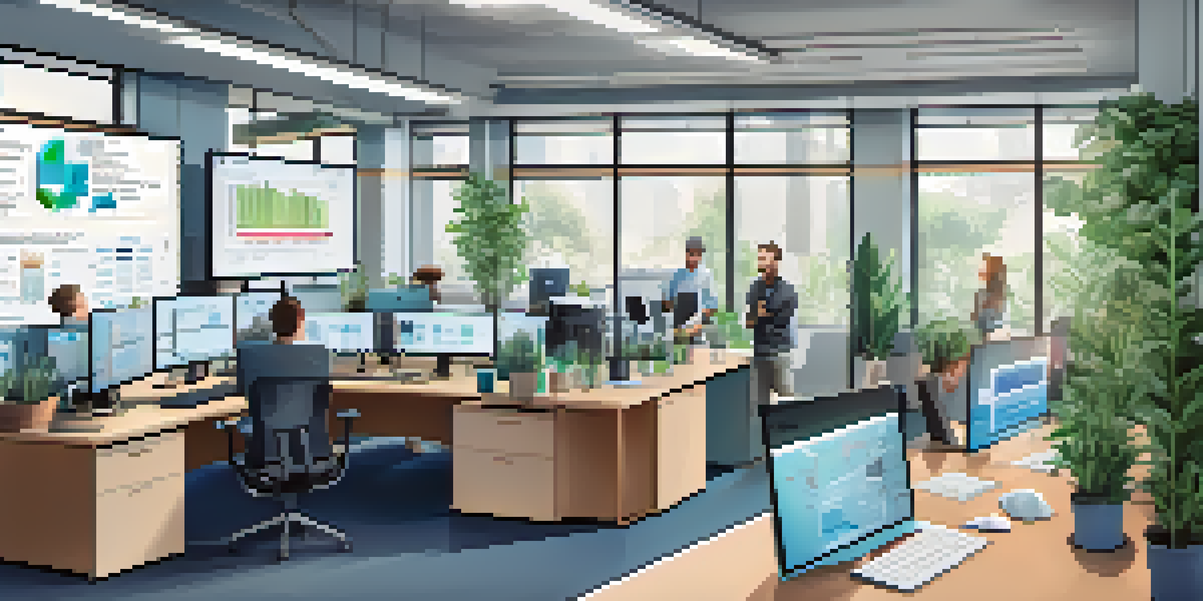 A bright and modern office space with a team of software engineers working together, surrounded by technology and performance metrics displayed on a screen.
