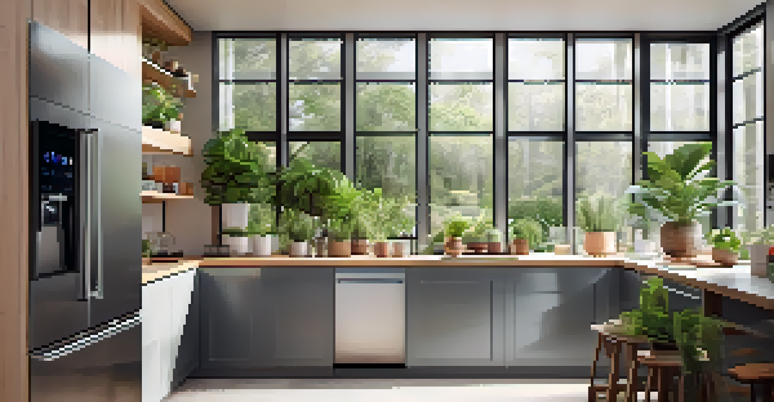 A bright and modern smart kitchen with advanced appliances and a voice assistant.