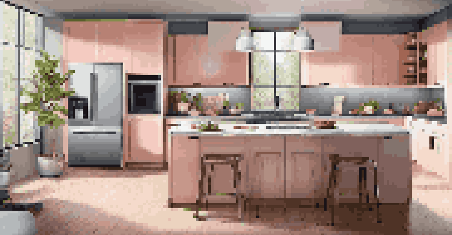 A modern kitchen featuring smart home devices like a touchscreen fridge and smart oven, designed with sleek lines and vibrant colors.