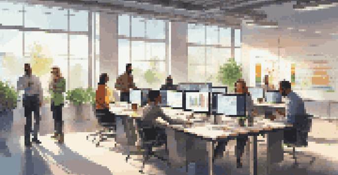 A diverse group of employees in a modern office discussing data visualizations on digital screens with sunlight streaming through the windows.